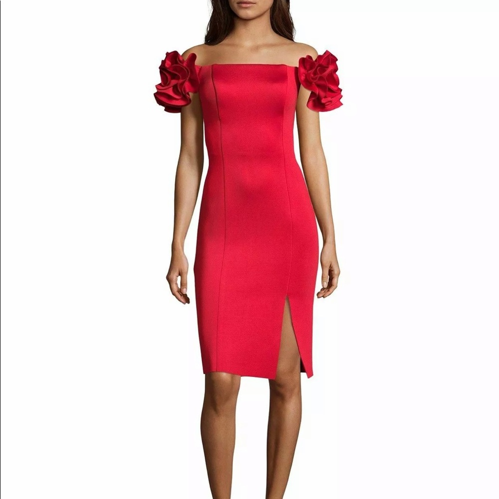 Satin red off the shoulder dress